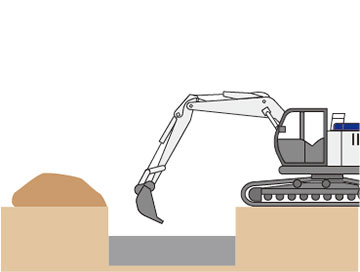 基準の高さにあわせながら、バックホウで仮転圧します。