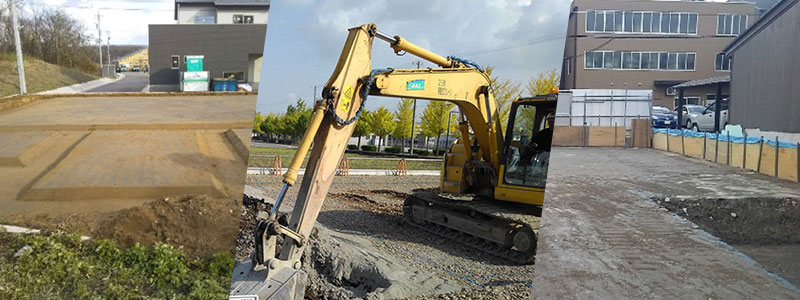 表層地盤改良は、建築物の基礎下、土間下の地盤の均一化、安定化が可能です。